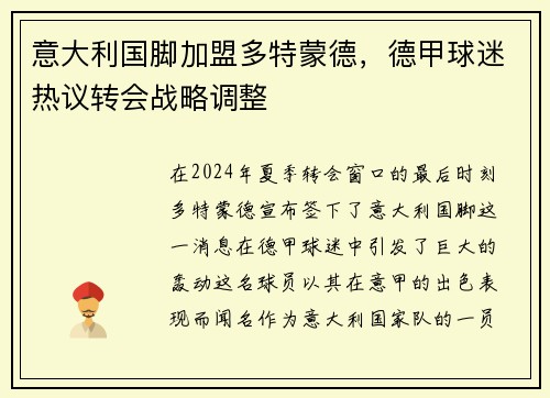 意大利国脚加盟多特蒙德，德甲球迷热议转会战略调整