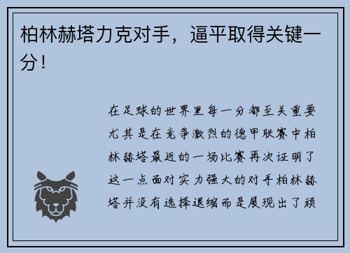 柏林赫塔力克对手，逼平取得关键一分！